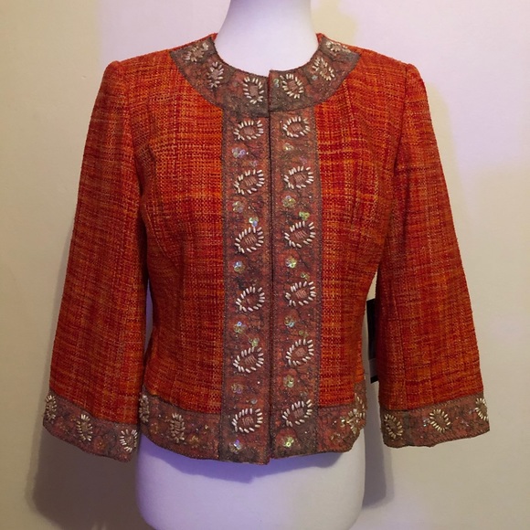 Josephine Chaus Orange Tweed Beaded Blazer Jacket - Picture 2 of 14